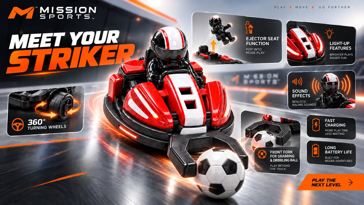 Meet your Striker: ejector seat function, light up features, sound effects, front fork for grabbing and dribbling the ball, 360 degree turning wheels, fast charging and long battery life